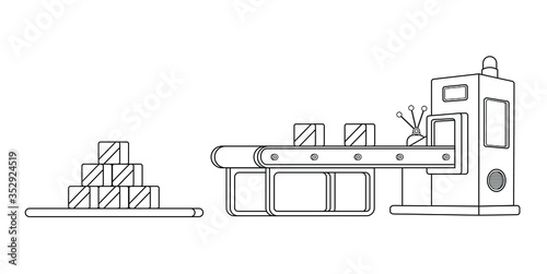 Conveyor assembly line in outline style. Automatic production line concept. Industrial mass production conveyor. Vector illustration