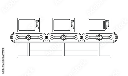 Conveyor assembly line in outline style. Automatic production line concept. Industrial mass production conveyor. Vector illustration