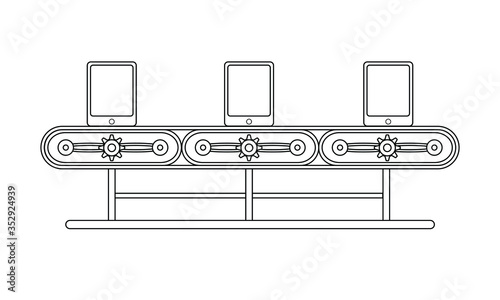 Conveyor assembly line in outline style. Automatic production line concept. Industrial mass production conveyor. Vector illustration