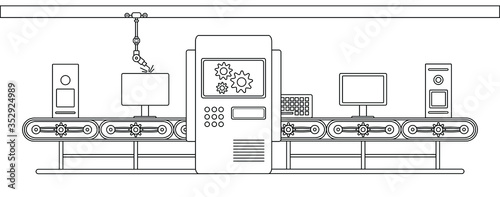 Conveyor assembly line in flat style. Automatic production of computer electronics concept. Industrial mass production conveyor. Vector illustration