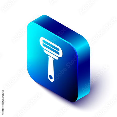 Isometric Shaving razor icon isolated on white background. Blue square button. Vector.