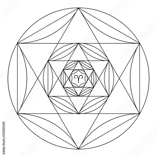 Coloring book of sacred geometry. Mandala of zodiac sign of Aries