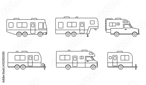 Auto RVs, Camper vans / Camping cars icons set. Simple flat design truck trailers, recreational types vehicles for app ui ux web button, interface pictogram elements isolated on white background