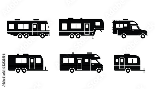 Black auto RVs, Camper vans / Camping cars icons set. Simple flat design truck trailers, recreational types vehicles for app ui ux web button, interface pictogram elements isolated on white background