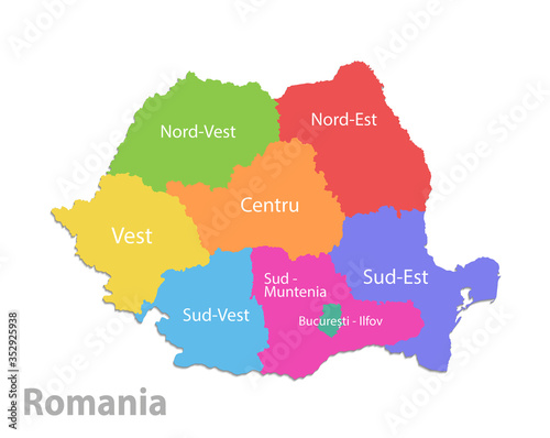 Romania map  administrative division  separate individual states with state names  color map isolated on white background vector