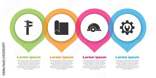 Set Calliper or caliper and scale, Graphing paper for engineering, Worker safety helmet and Wrench spanner and gear. Business infographic template. Vector.