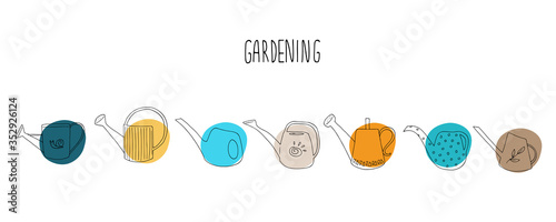 Watering cans set. Different shapes. Outline. Hand drawn vector illustration isolated on white background.