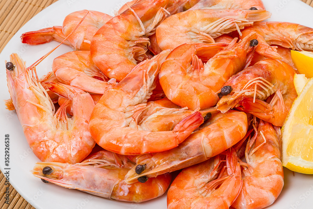 Plate with boiled shrimps Plate with boiled shrimps