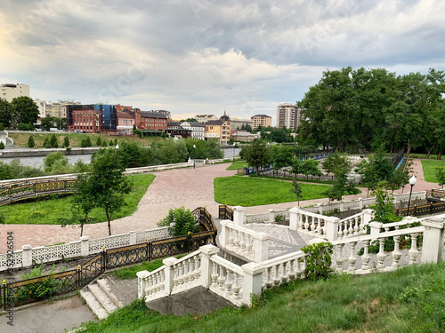 Embankment of Terek river in summer evening. Vladikavkaz. Republic of North Ossetia-Alania