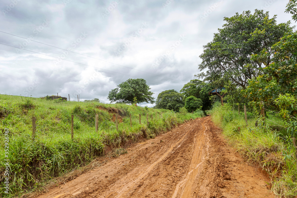 Estrada rural com muita lama, depois de chuva intensa, em área do município de Guarani, Minas Gerais