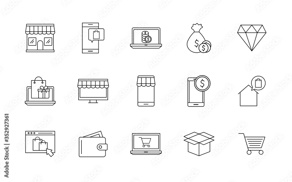 Shopping online line style icon set vector design Shopping online line style icon set vector design