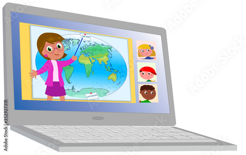 Distance learning: teacher and pupils in live streaming on laptop computer illustration
