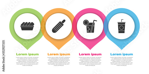 Set Chicken nuggets in box, French hot dog, Cocktail and Paper glass with straw. Business infographic template. Vector.