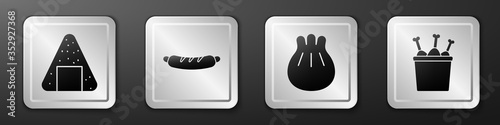 Set Onigiri, Hotdog sandwich, Khinkali on cutting board and Chicken leg in package box icon. Silver square button. Vector.
