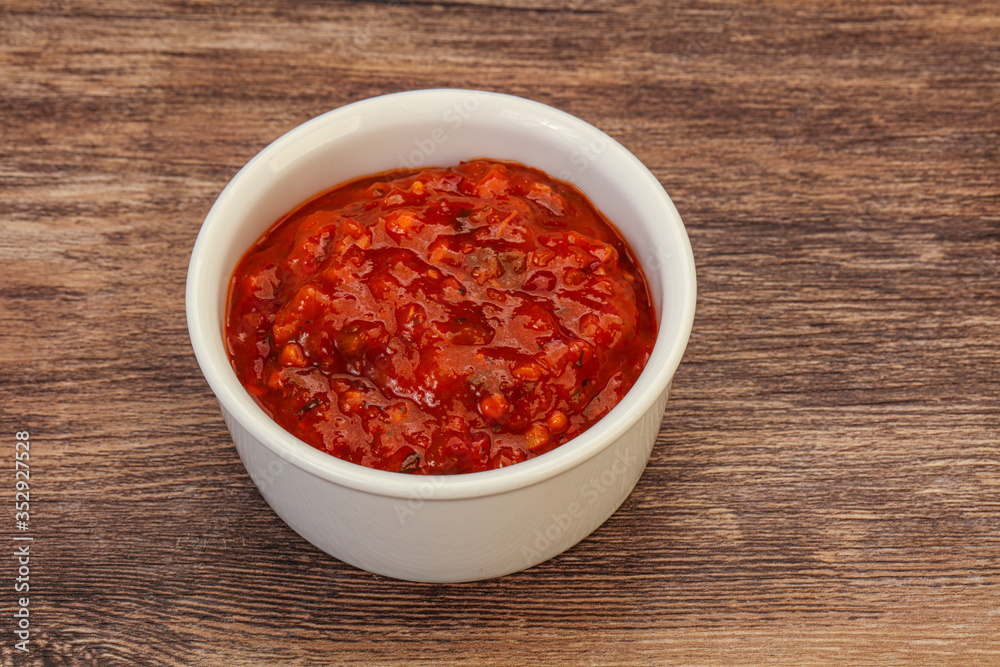 Tomato spicy sauce in the bowl