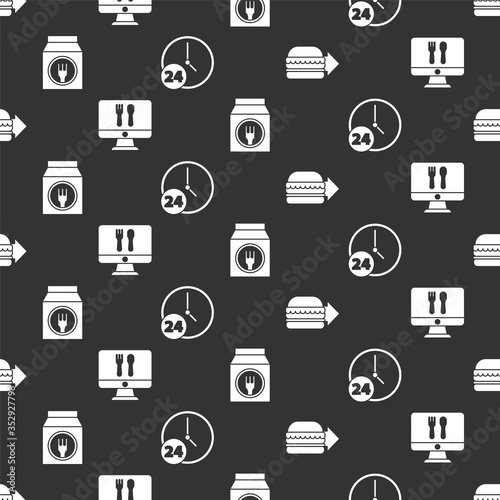 Set Online ordering burger delivery, Online ordering and delivery, Online ordering and delivery and Clock 24 hours on seamless pattern. Vector.