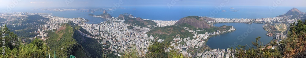 Brazil - Rio de Janeiro - Wide panorama of Rio de Janeiro with Flamengo, Botafogo, Guanabara bay, Niteroi, Sugar Loaf mountain, Copacabana, Ipanema and Leblon taken from Corcovado mountain
