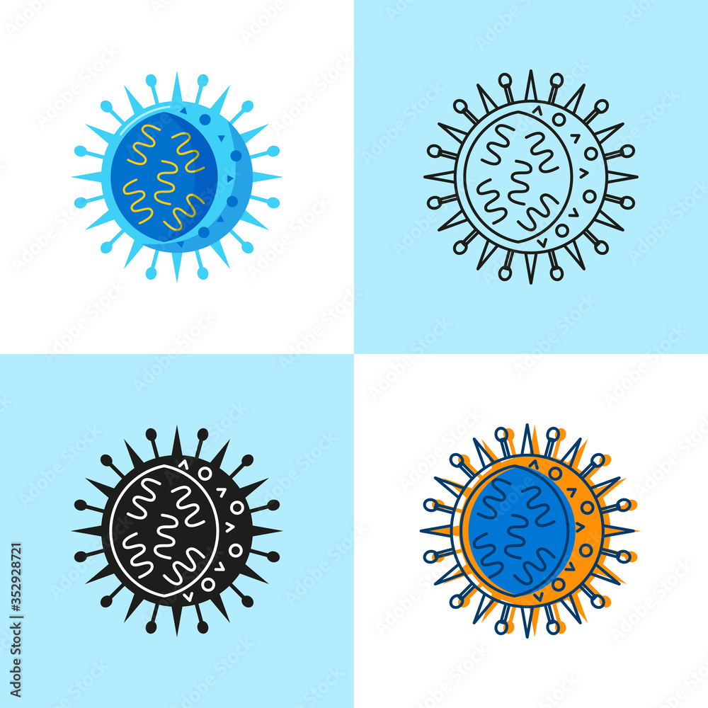 Fototapeta premium Influenza virus cell icon set in flat and line style