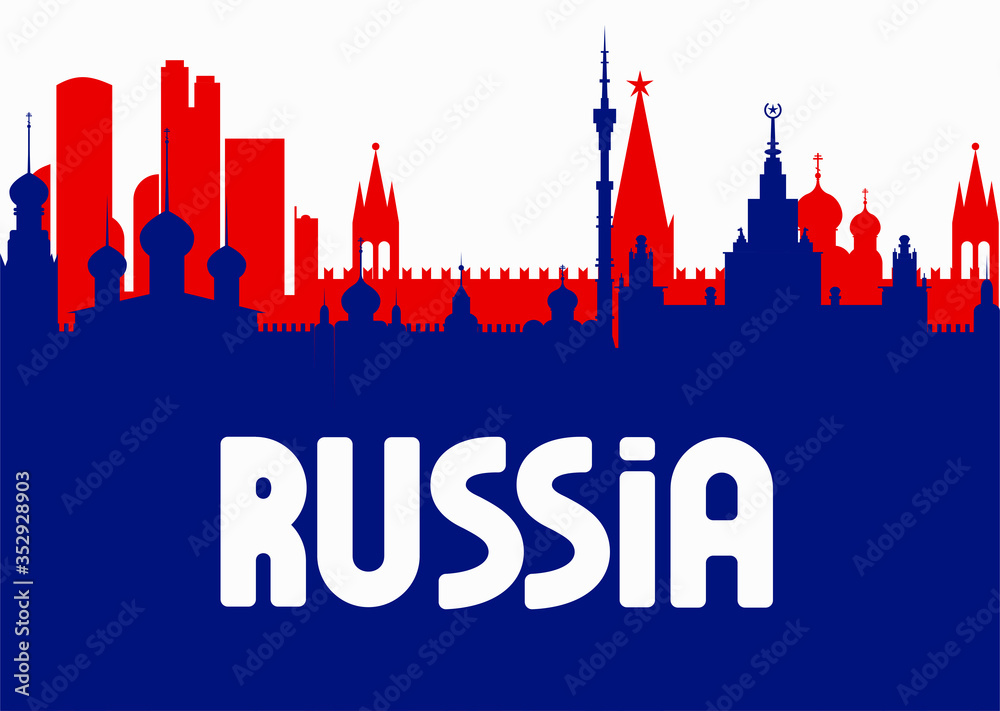 Banner with russian tricolor and silhouettes of russian buildings. Vector illustration