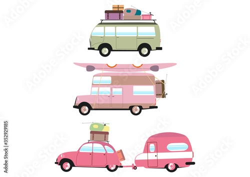 Set of three simplified campers on a white background. Flat vector.