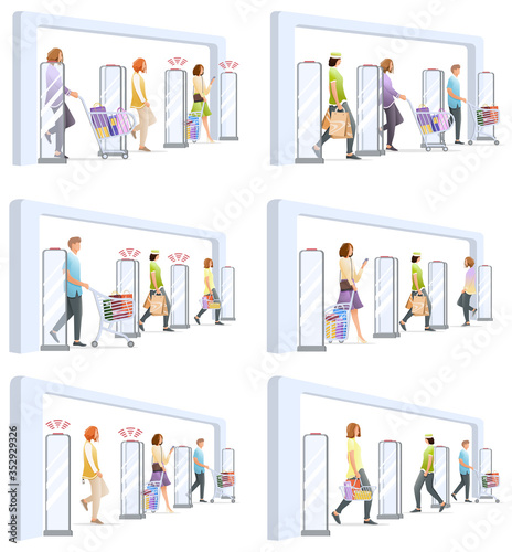 Set of shoplifting situation with anti-theft sensor gates. System reports theft. Security system detect barcode and notify. No signal from gates. People goes through sensors. Vector, illustration.
