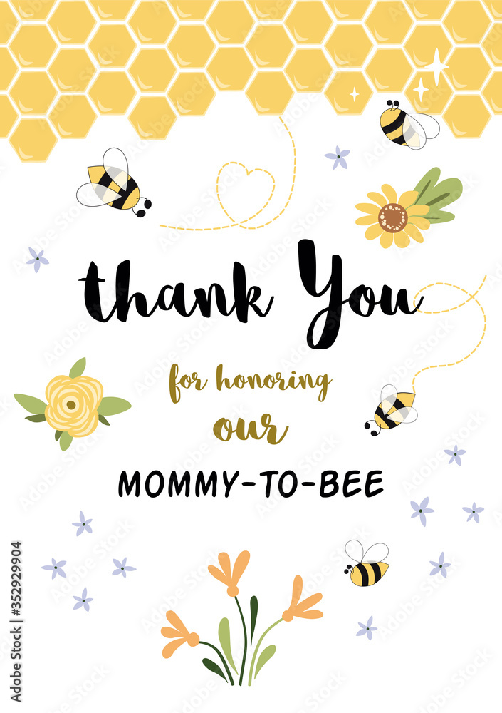 Bee Baby shower invitation template. Thank you. Sweet card with honeycomb background Thanks Bee