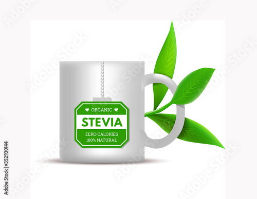 Mug with stevia leaves on a white background. Vector illustration 