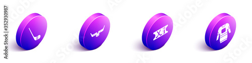 Set Isometric Ice hockey stick, Ice hockey sticks and puck, Hockey sports ticket and Hockey jersey icon. Vector.