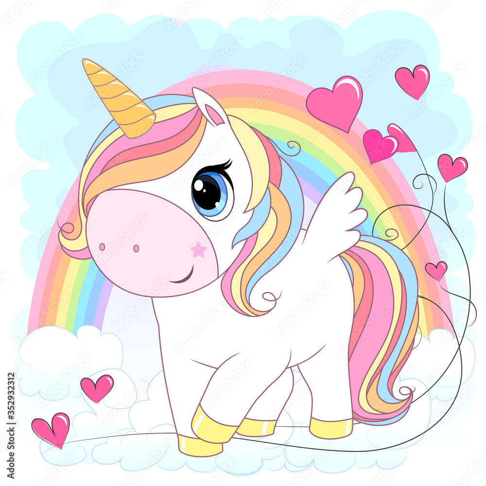 White unicorn with rainbow hair cute vector illustration/magic little pony