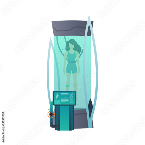 Futuristic cryogenic capsules or containers. Cryonic technology for humans or cryogenic chamber of an astronaut. Sci-fi astronaut sleep mode.