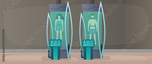 Futuristic laboratory with cryogenic capsules or containers. Cryon technology for humans or the cryogenic chamber of an astronaut. Sci-fi astronaut sleep mode. Cartoon style. Vector.