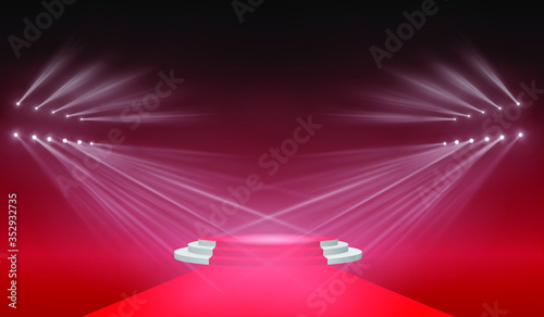 3d stage with scene illumination light, vector transparent flash light effect, sunlight special lens. Bright gold flashes and lighting with spotlights. 