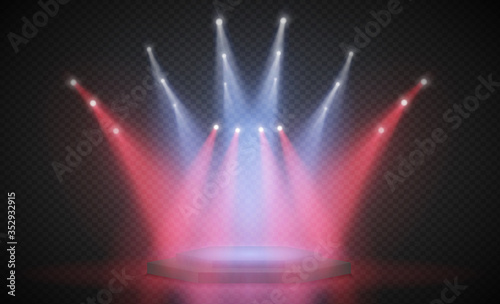 3d stage with scene illumination light, vector transparent flash light effect, sunlight special lens. Bright gold flashes and lighting with spotlights.