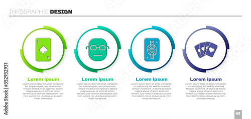 Set Playing card with spades, Poker player, King playing card with diamonds and Deck of playing cards. Business infographic template. Vector