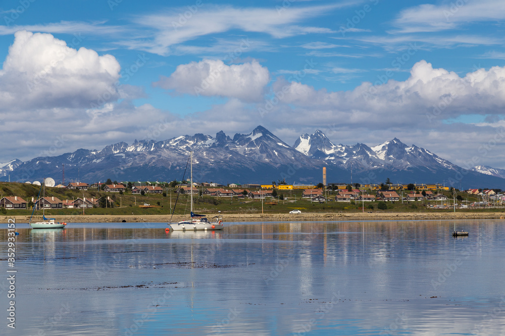 Beautiful landscape view on Ushuaia harbour with mountain range on background - Tierra del Fuego province, Argentina