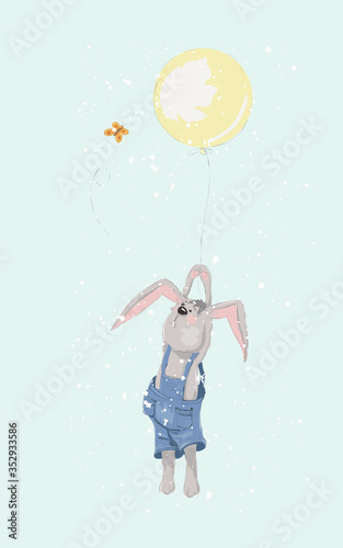 Cute Birthday Bunny Flies with Balloons © Anita