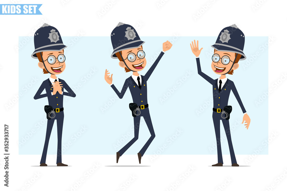 Cartoon flat funny british policeman boy character in helmet, glasses and uniform. Ready for animation. Smiling kid jumping and showing hello gesture. Isolated on blue background. Vector icon set.
