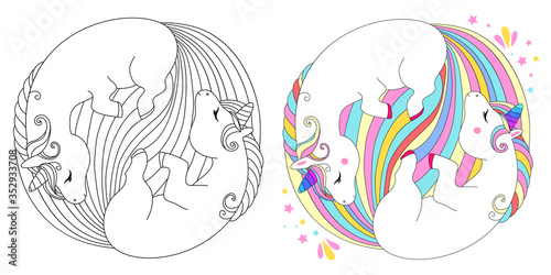 Line and color unicorns vector illustration for coloring book