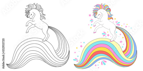 Line and color unicorns vector illustration for coloring book