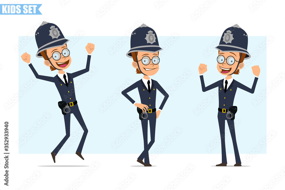 Cartoon flat funny british policeman boy character in helmet, glasses and uniform. Ready for animation. Smiling kid jumping, standing and showing muscles. Isolated on blue background. Vector icon set.