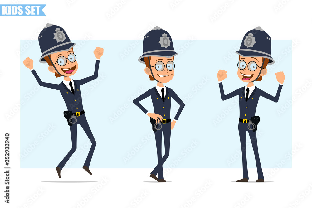 Cartoon flat funny british policeman boy character in helmet, glasses and uniform. Ready for animation. Smiling kid jumping, standing and showing muscles. Isolated on blue background. Vector icon set. Cartoon flat funny british policeman boy character in helmet, glasses and uniform. Ready for animation. Smiling kid jumping, standing and showing muscles. Isolated on blue background. Vector icon set.