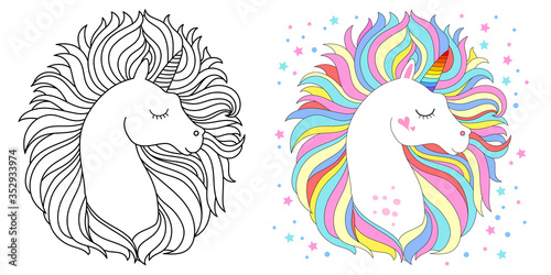 Line and color unicorns vector illustration for coloring book photo