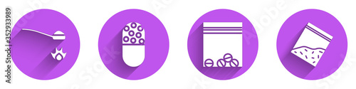 Set Heroin in a spoon, Medicine pill or tablet, Plastic bag of drug and Plastic bag of drug icon with long shadow. Vector