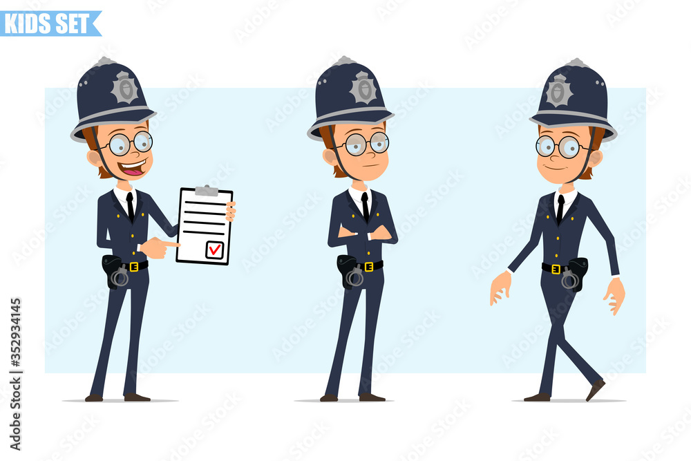 Cartoon flat funny british policeman boy character in helmet, glasses and uniform. Ready for animation. Kid standing, walking and showing to do list. Isolated on blue background. Vector icon set.