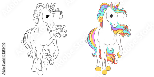 Cute unicorn line and color. Vector illustration for coloring book