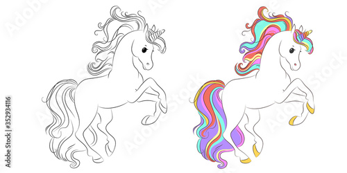 Cute unicorn line and color. Vector illustration for coloring book