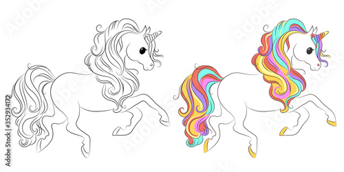 Cute unicorn line and color. Vector illustration for coloring book