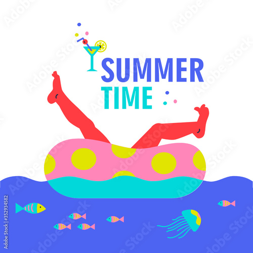 Funny woman relaxing take sunbath on rubber ring, floating on water waves. Cartoon Flat Vector Illustration.