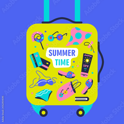 Summer time. Travel beachwear and accessories for summer holidays and travel against the backdrop of a huge suitcase. Flat cartoon colorful vector illustration.