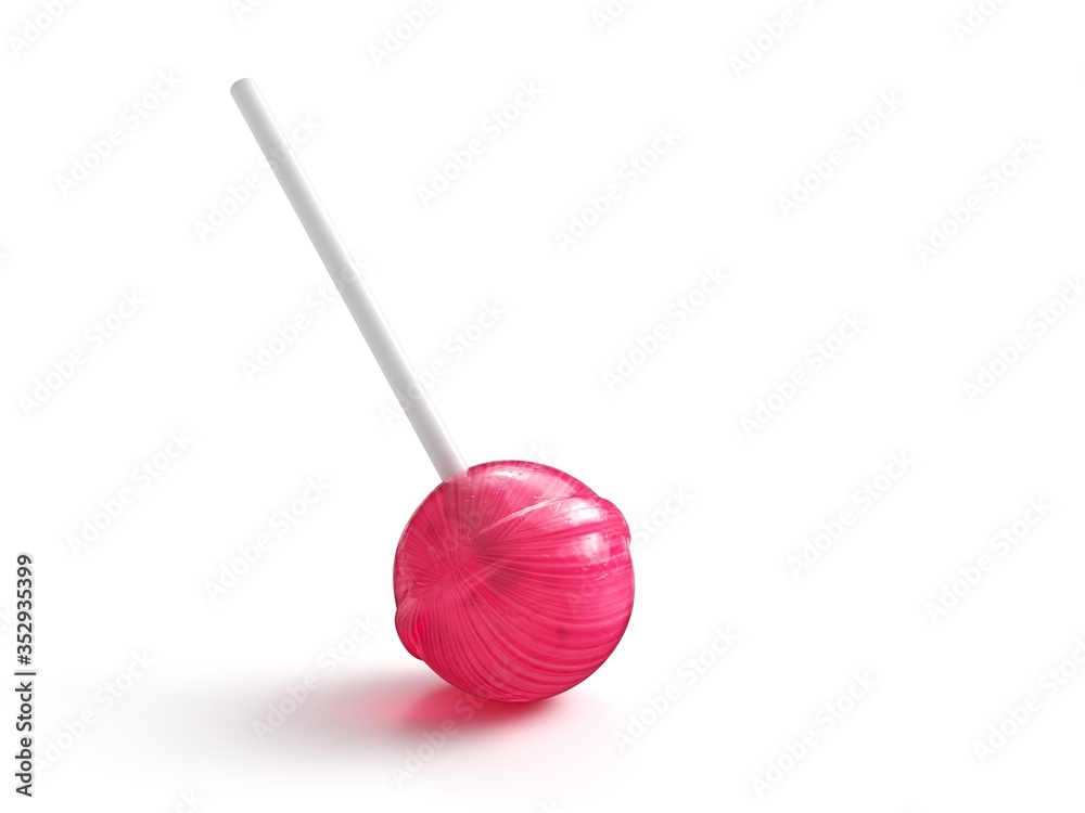 Sweet pink lollipop on stick isolated on white background. Round candy on stick. 3d rendering Sweet pink lollipop on stick isolated on white background. Round candy on stick. 3d rendering
